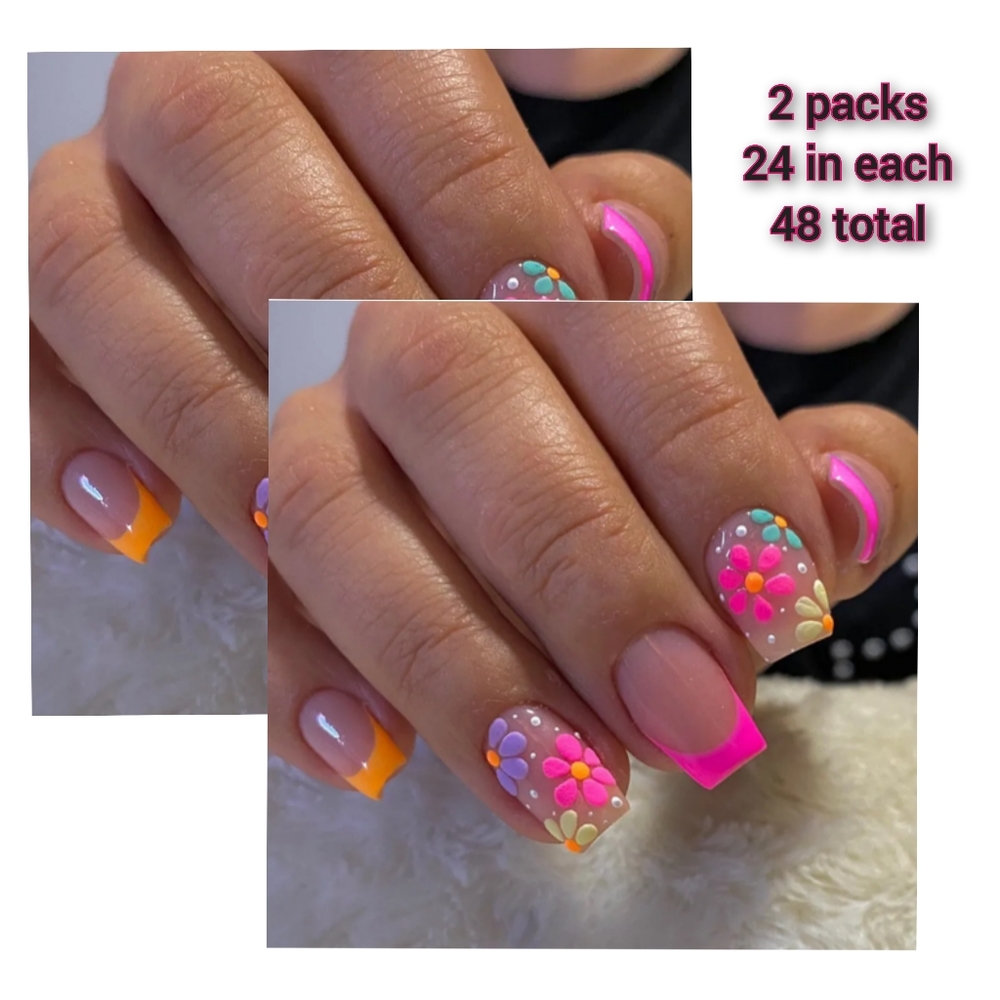 🤑3/$13 2 packsGlamorous With 24pcs Short Square Floral Full Cover Fake Nail Set